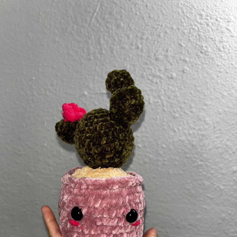 Crocheted Cactus Plush with Pink Flower
